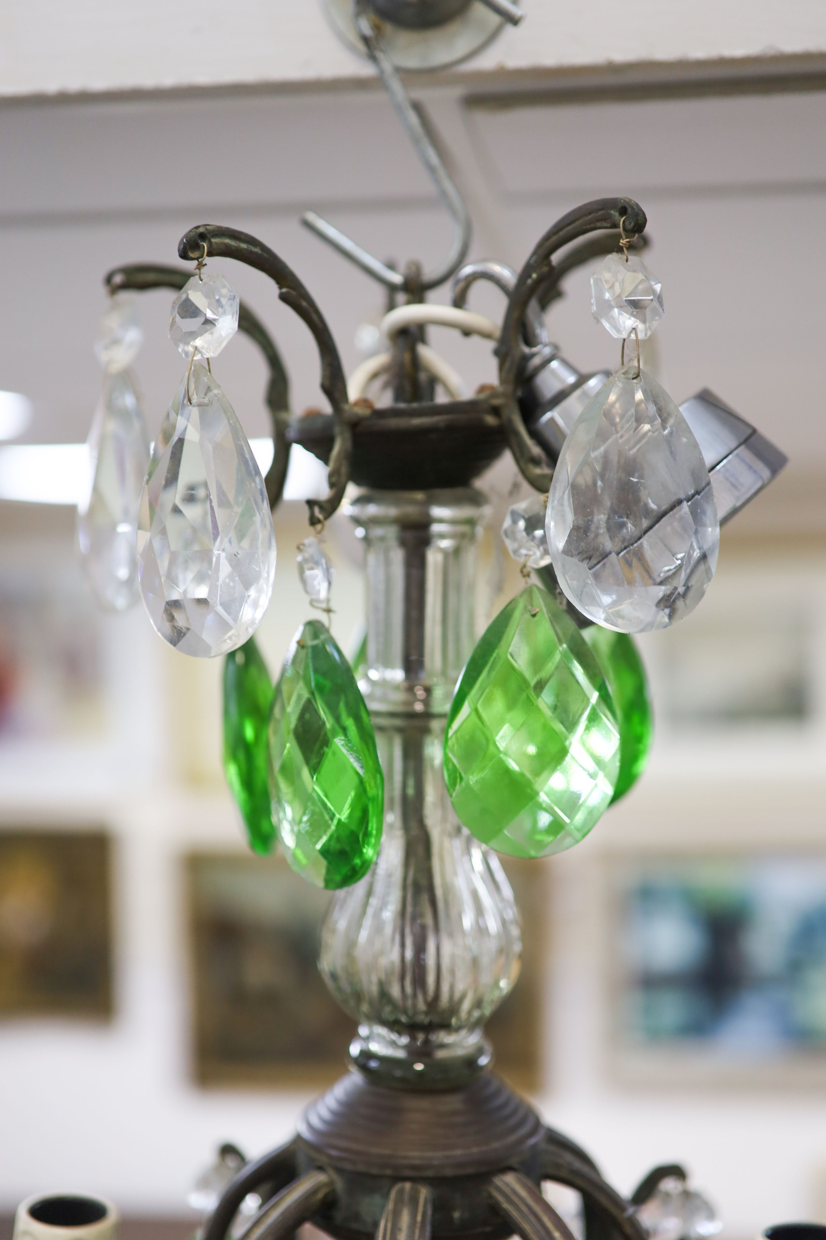 A Bohemian green and clear glass electrolier, 74cm high